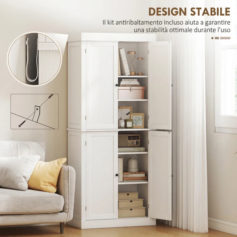 HOMCOM Mobile Cucina Alto con 6 Ripiani Regolabili e 2 Ante in Legno, 76x40.5x184 cm, Bianco