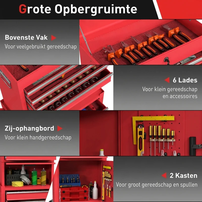 HOMCOM Verrijdbare gereedschapskast, 6 lades, 2 kasten, staal, afsluitbaar, rood