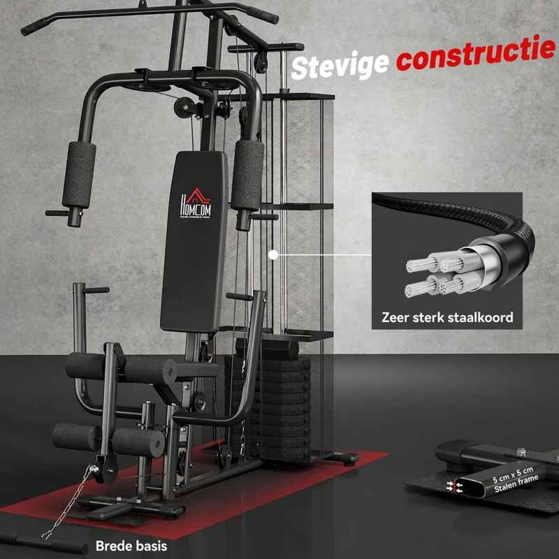 HOMCOM Gym Krachtstation Fitnessstation Multigym Fitnesscentrum Fitnessapparatuur incl. gewichten Latzug Beincurl Metaal PU-kunstleer zwart 150 x 110 x 210 cm(m-6)