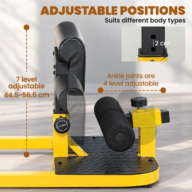 HOMCOM Sissy Squat Bench, Adjustable Squat Machine, Sit Up Machine with Push Up Stand, Leg Workout Trainer for Lower Body and Core Training, Home Gym Fitness Equipment, Yellow