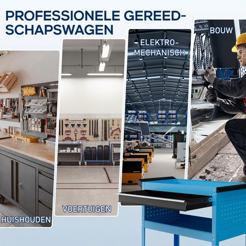 HOMCOM Gereedschapskoffer gereedschapstrolley gereedschapsbox, 3 niveaus, 4 wielen, 82 cm x 35 cm x 76 cm, Blauw