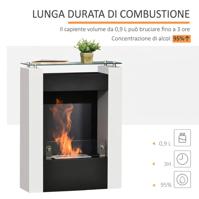 HOMCOM Camino Bioetanolo con Serbatoio da 0.9L e Copertura 20m², Biocamino in Acciaio e Vetro, 60x20x79cm, Bianco e Nero