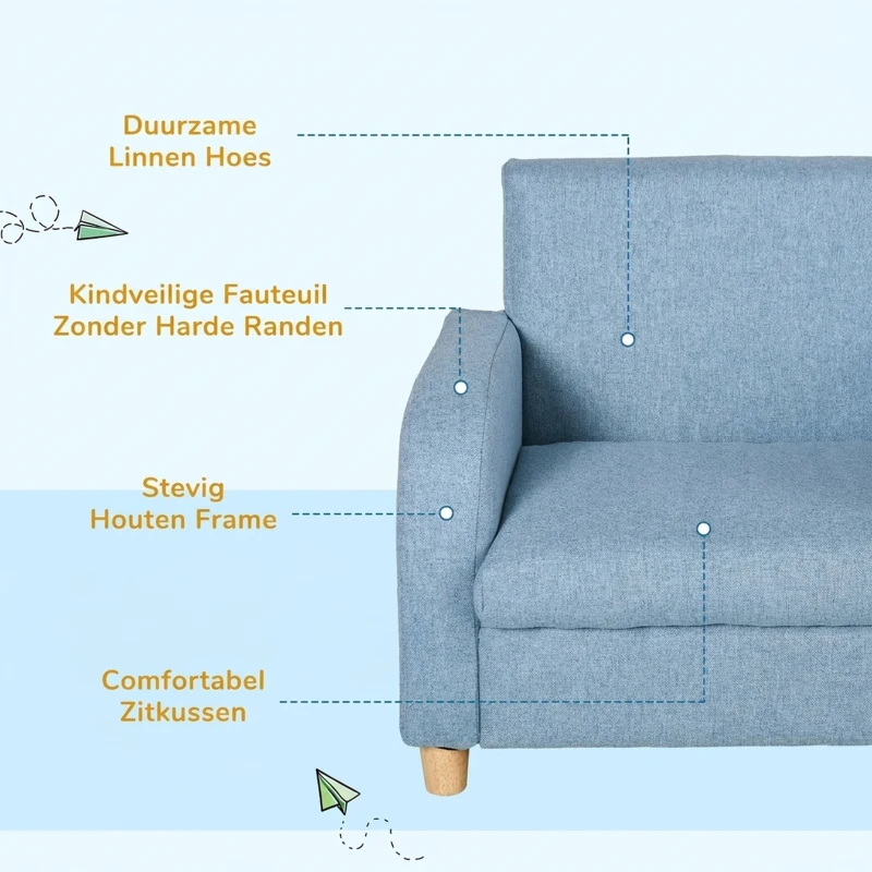 HOMCOM kinderfauteuil kinderbank met dik schuim en dikke zitkussens kinderbankstoel ligbank met anti-slip pootjes voor 3-6 jaar kinderen hout linnen schuim blauw 49x45x44,5 cm