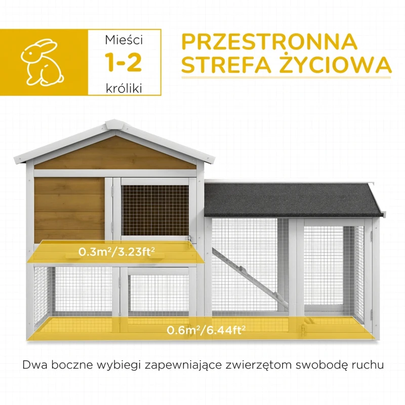 PawHut Domek dla królików 2 poziomy drewniany, klatka z dachem bitumicznym, wybieg, rampa, drzwi, 147x54x84 cm, żółty