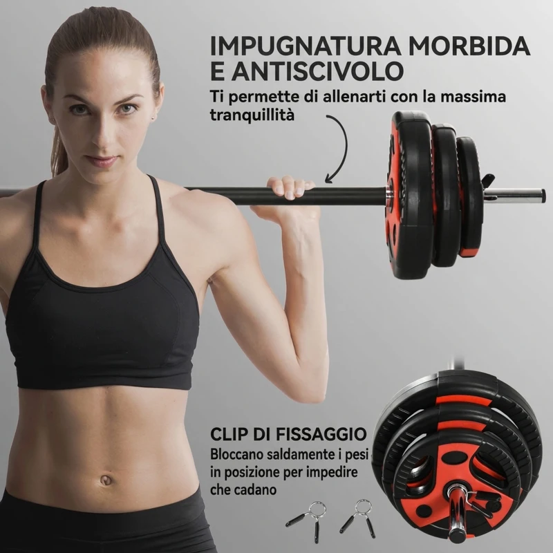 SPORTNOW Set Bilanciere e Dischi da 20kg totali con Impugnatura in PU Antiscivolo, Ø17x140 cm, Nero e Rosso