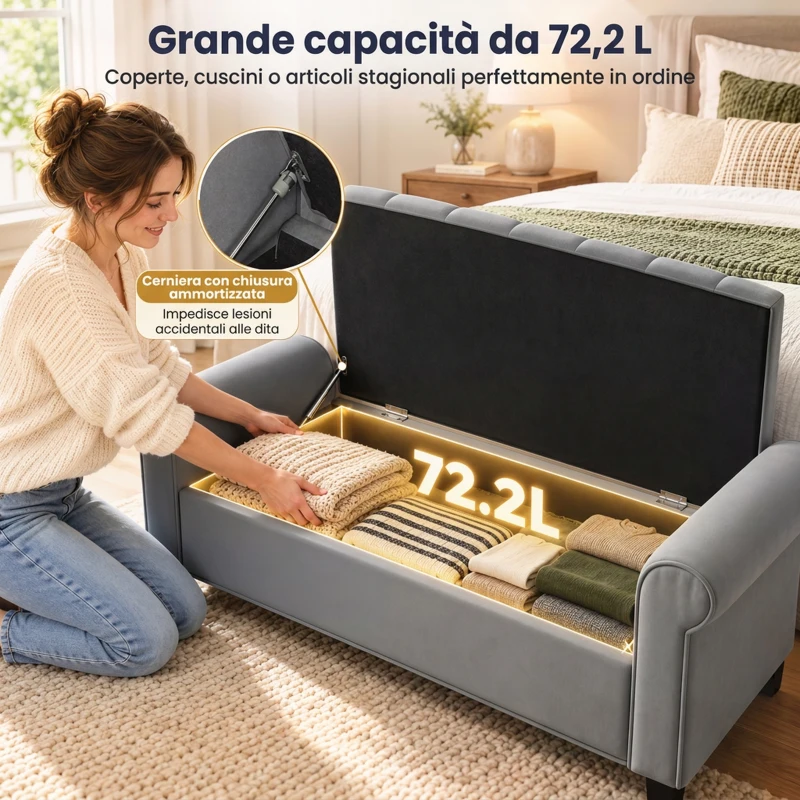 HOMCOM Panca Fondo Letto in Tessuto Vellutato con Spazio Portaoggetti e Braccioli, 126x48.5x57 cm, Grigio
