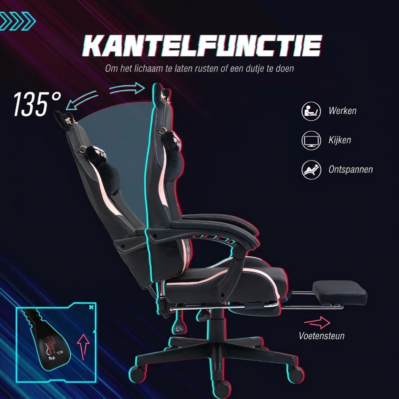 HOMCOM Gamingfauteuil met kattenoortjes, kantelbare rugleuning, uitschuifbare voetsteun, tot 120 kg, Roze/Zwart(m-6)