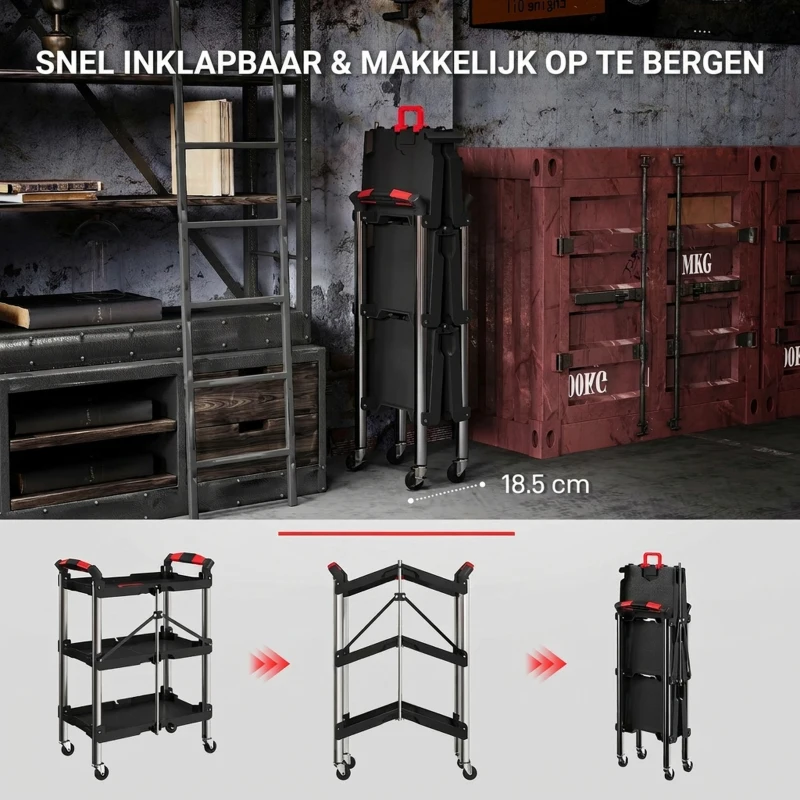 HOMCOM Gereedschapstrolley, Opvouwbare 3-Laagse Gereedschapswagen, Kunststof, Staal, Zwart