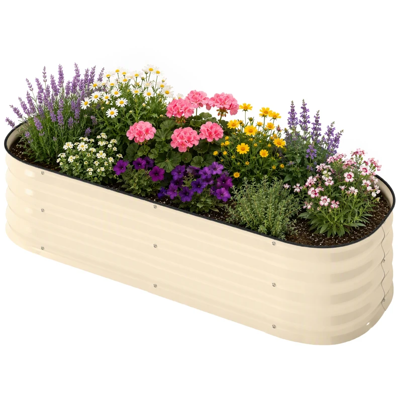 Outsunny Galvanised Raised Garden Bed, Metal Planter Box with Safety Edging, for Flowers, Herbs, Succulents, Cream White