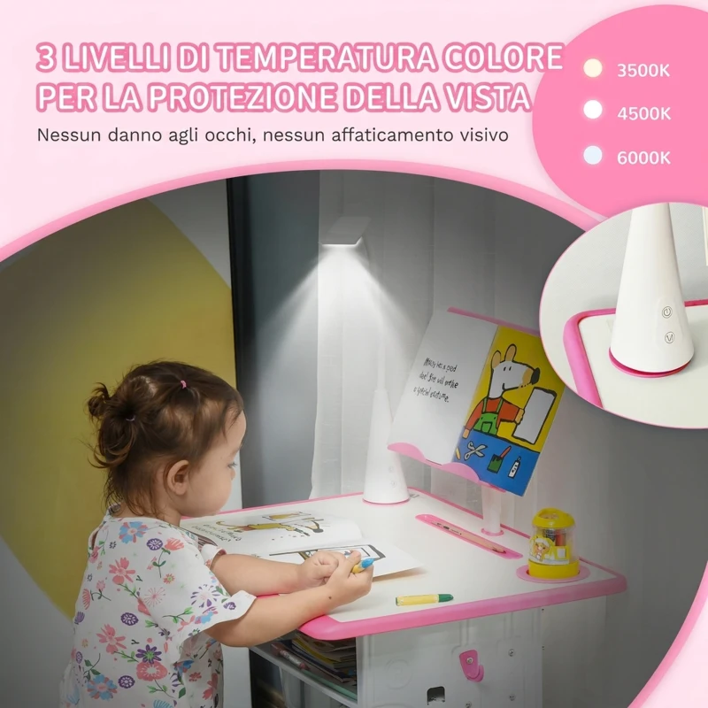 HOMCOM Banco Scuola per Bambini 6-12 Anni ad Altezza Regolabile con Leggio e Mensola, in Acciaio e MDF, Rosa