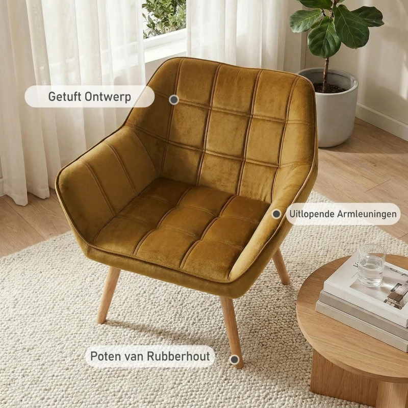 HOMCOM Gestoffeerde Stoel, Accentstoel, Scandi Ontwerp, Fluwelen Look, tot 120 kg, Rubberhout Poten, Geel