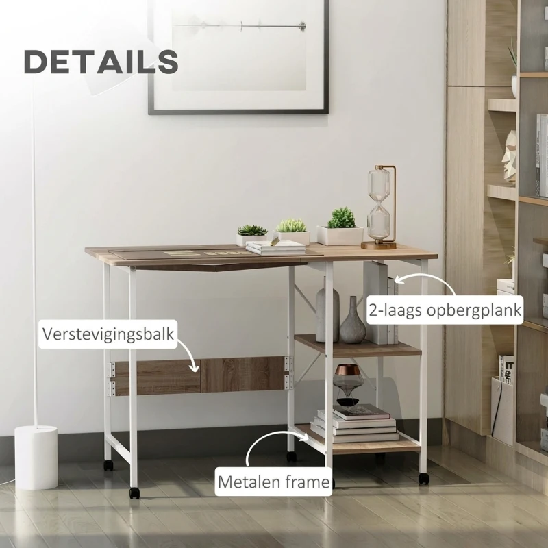 HOMCOM Klaptafel tafel bureau kantoortafel met wielen computertafel mobiel MDF natuur
