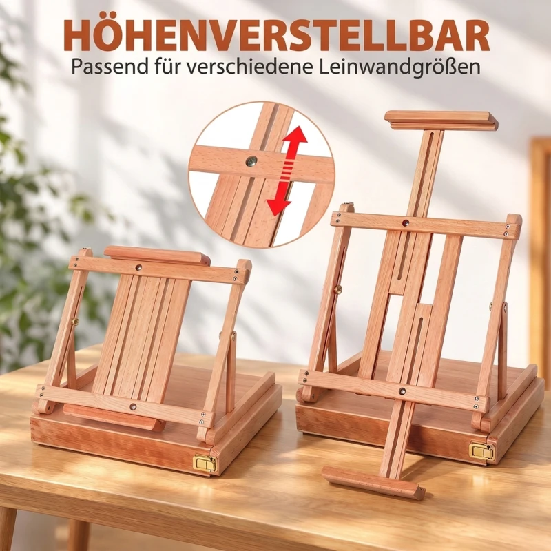 HOMCOM Tischstaffelei Winkelverstellbare Staffelei mit Griff Kofferstaffelei zum Malen & Zeichnen Faltbare Atelierstaffelei mit Schublade Buchenholz Natur