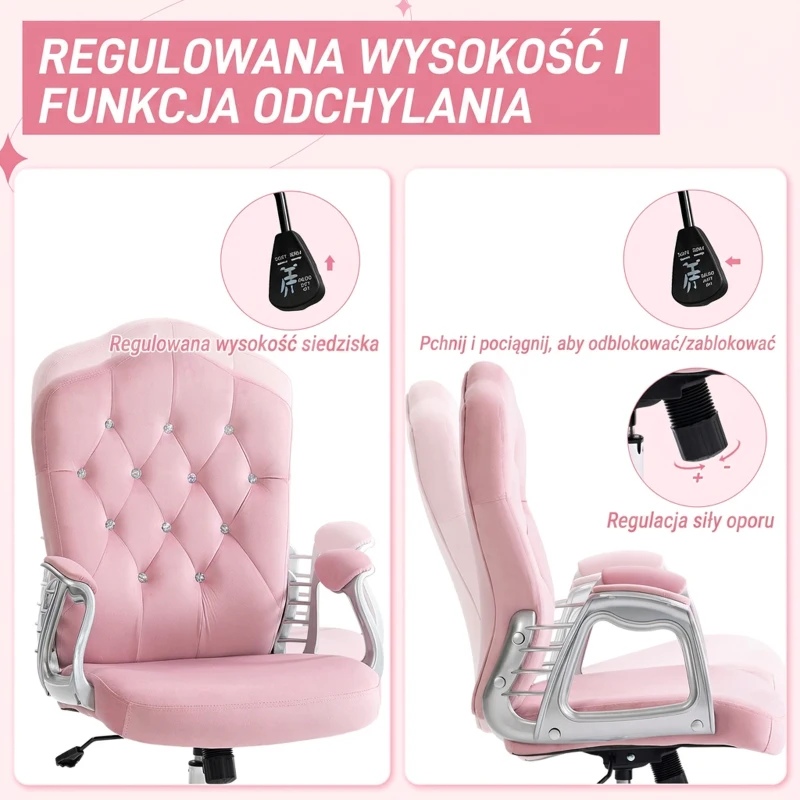 Vinsetto Krzesło biurowe, oparcie z możliwością przechylania, regulowana wysokość, wykończenie aksamitne, do 120 kg, Różowe