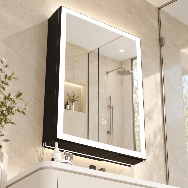 HOMCOM Armário de Casa de Banho LED com Função Antivapor Móvel de Parede Espelho Prateleiras 50x70 cm Preto