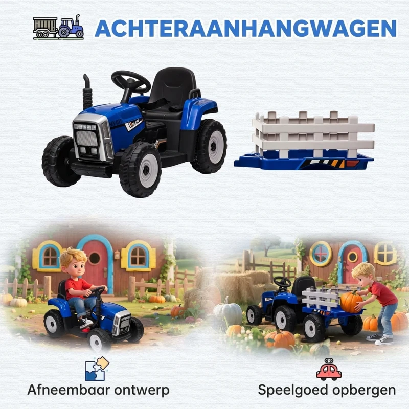 HOMCOM Elektrische Kinderauto met Aanhanger, Afstandsbediening, Lichteffecten, 3-6 km/u, voor 3-6 Jaar, Blauw(m-4)