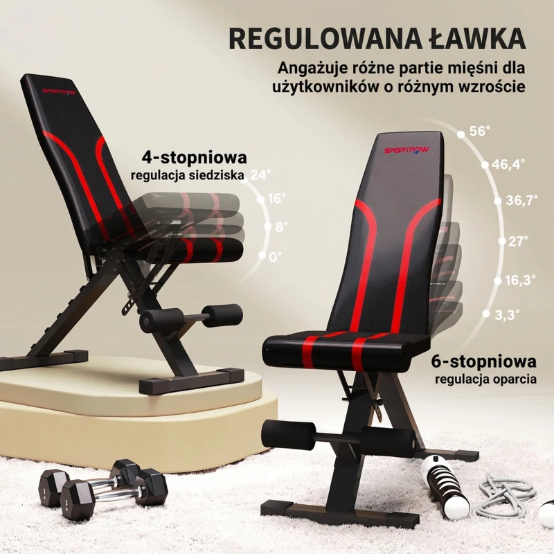 Składana ławka do ćwiczeń SPORTNOW, regulowana ławka do ćwiczeń z siedziskiem i oparciem o wielu kątach nachylenia, płaska lub skośna ławka do ćwiczeń siłowych w domowej siłowni, czarna