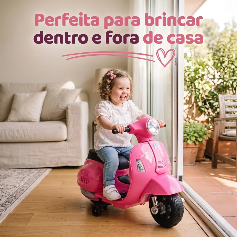 HOMCOM Mota Elétrica Infantil Vespa 6V com Farol, Buzina e Rodas Auxiliares para Crianças de 18-36 Meses Rosa 66,5x38x52 cm