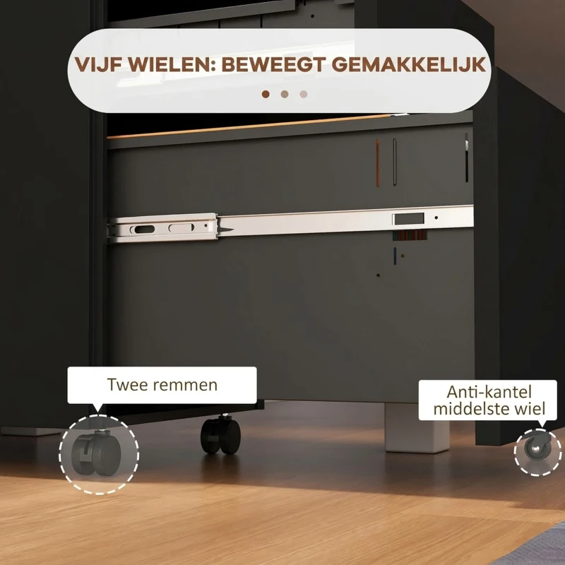 Vinsetto Rolcontainer Dossierkast, 3 Lades, Afsluitbaar, Op Wielen, 37 cm x 43,5 cm x 60 cm, Zwart