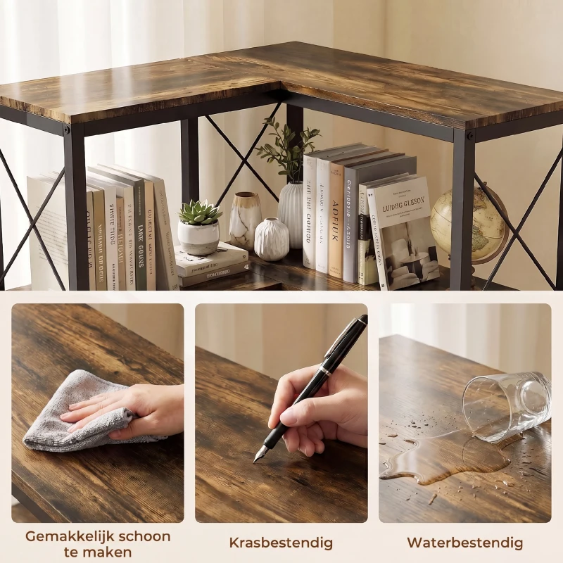 HOMCOM 6-laags L-vormige boekenkast, vrijstaand hoekrek met metalen frame, rustiek bruin
