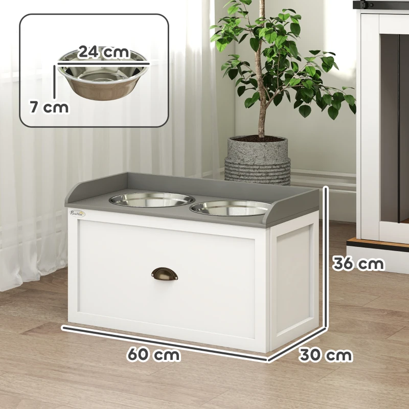 PawHut voerstation, 2 voerbakken van elk 2 liter, roestvrij staal, met lade, wit+grijs, 60 x 30 x 36 cm(m-3)
