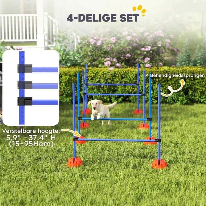PawHut 4-delig honden-Agility-set met 4 hindernissen en draagtas voor sprongtraining, Blauw