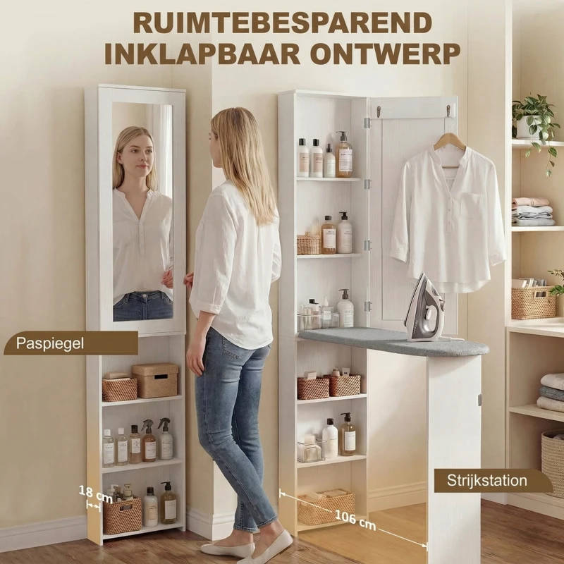HOMCOM Opvouwbare Strijkplankkast met Deur, Interne Planken, Spiegel, Ruimtebesparende Strijktafel voor Wasverzorging, 106x35x174 cm, Wit