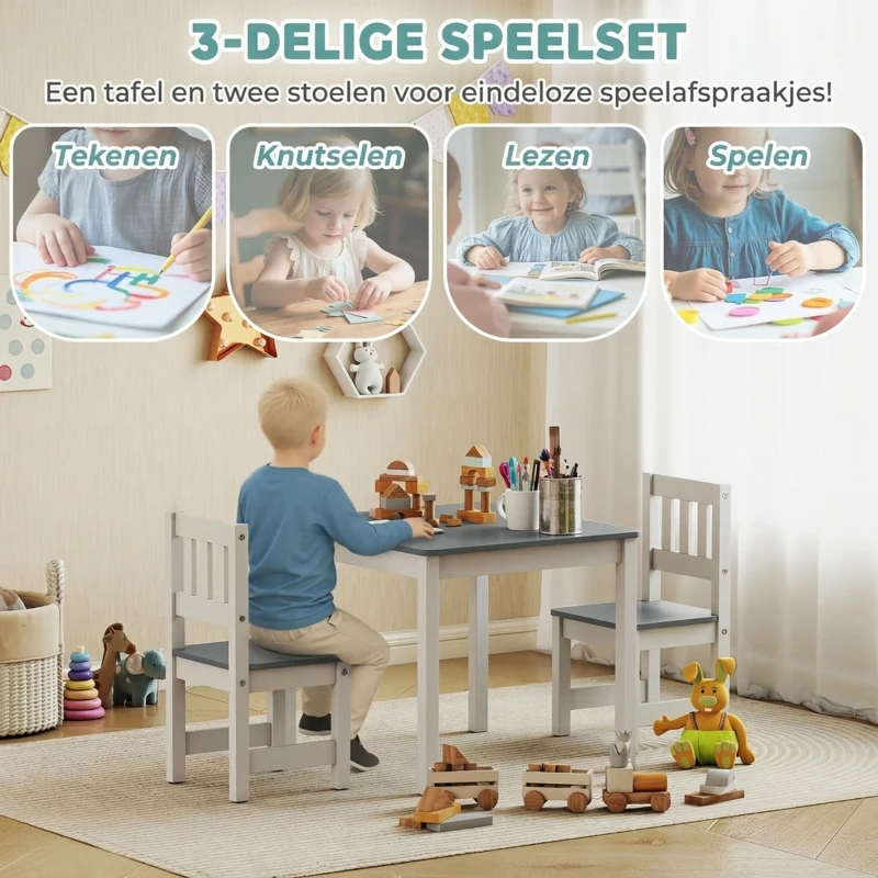 AIYAPLAY Kindertafel met 2 stoelen, 3-delige kinderset – MDF & vurenhout, 56 x 52 x 48 cm, grijs