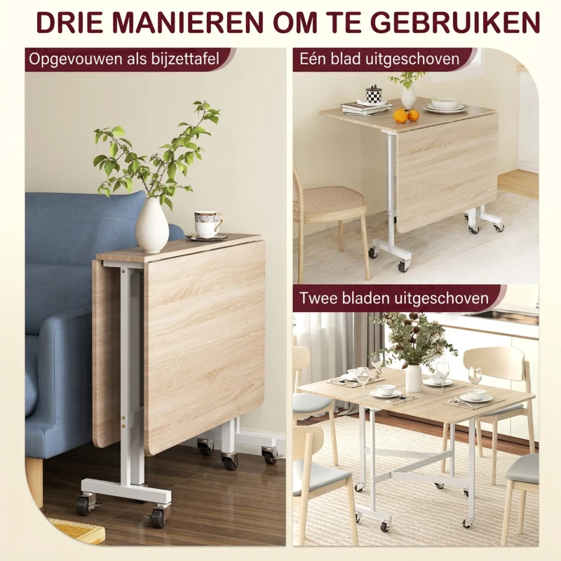 HOMCOM Opklapbare Eettafel voor 6 Personen met 6 Wielen en Remmen, Geschikt voor Kleine Ruimtes, Eiken