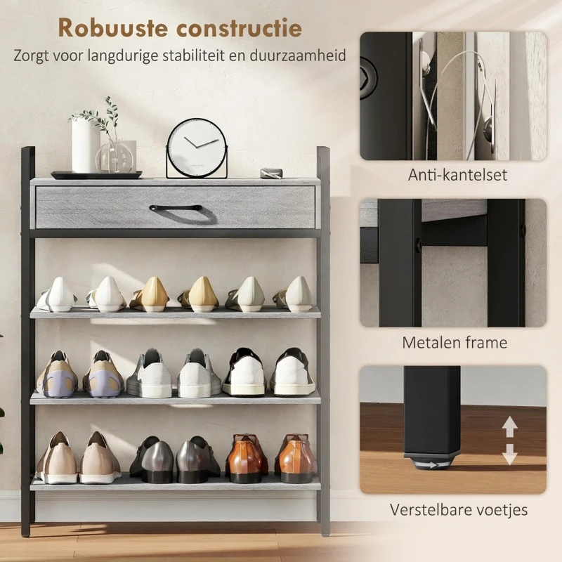 HOMCOM 4-laags schoenenrek, halrek voor maximaal 9 paar schoenen, spaanplaat, metaal, grijs