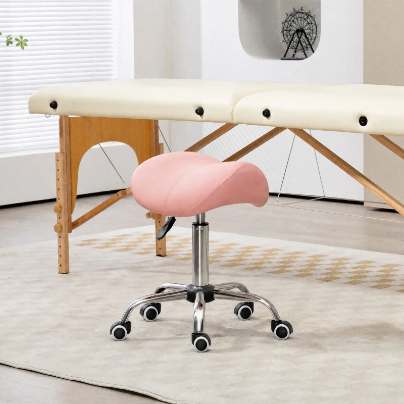 HOMCOM Rolkruk In Hoogte Verstelbaar 49-61 cm Praktijkkruk 360° Draaibaar Kruk Bureaukruk Voor Kantoor Salon Massage Spa Roze