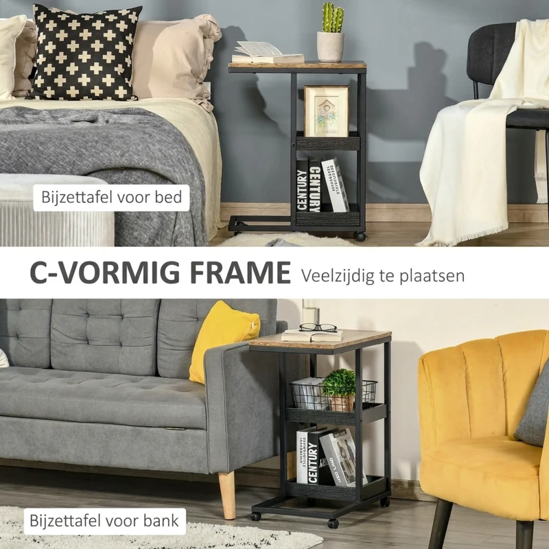 HOMCOM Bijzettafel op Wielen voor Sofa of Bed, Industriële Stijl, Staal en Hout, Bruin en Zwart(m-4)