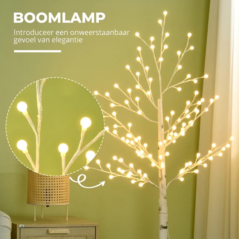 HOMCOM Kunstberk met 120 LED-lampjes, 3 lichtstanden, opvouwbare takken, IP44, 150 cm, wit