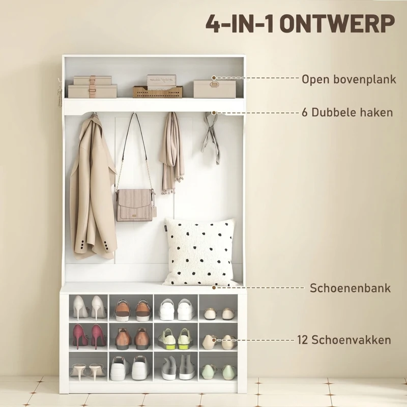 HOMCOM Kapstok met Plank, Bank, Haken, Schoencompartimenten, Spanplaten, MDF, Wit(m-4)