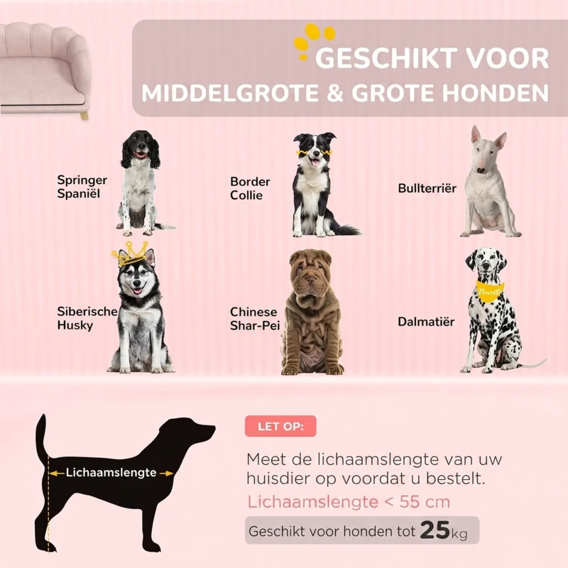 PawHut Huisdierensofa voor Middelgrote en Grote Honden tot 25 kg, Stevig Hout, Gepolsterd, Roze