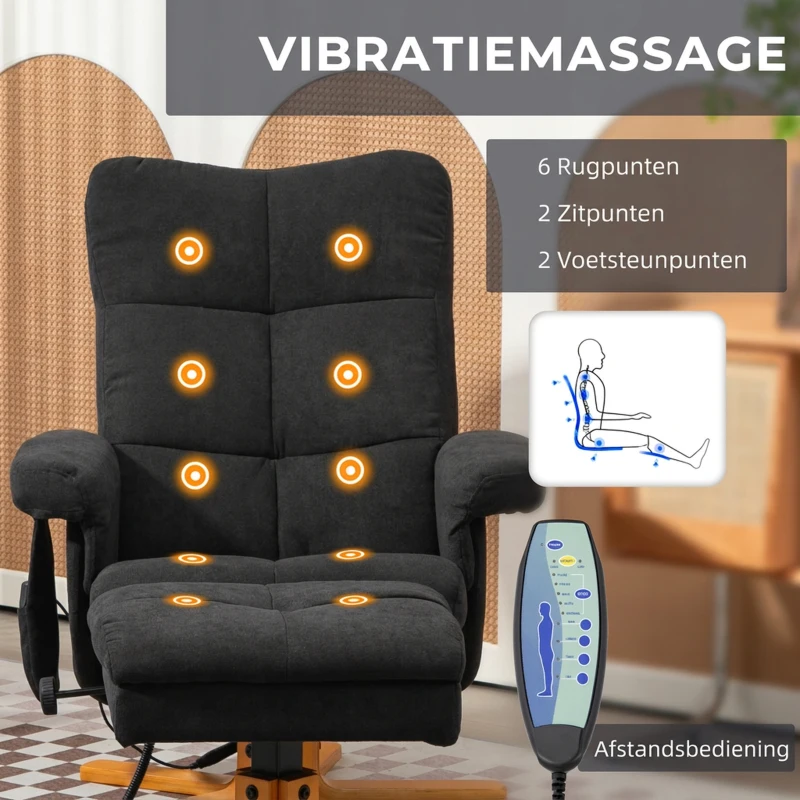 HOMCOM Massagestoel met ligfunctie en voetenpoef, 145° kantelbaar, polyester, 80 x 86 x 99 cm, zwart