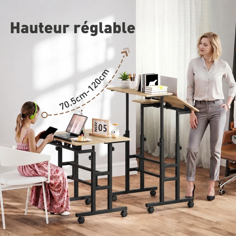 HOMCOM Bureau assis debout bureau réglable en hauteur 70 x 60 cm à roulettes avec plateau inclinable cadre en métal marron