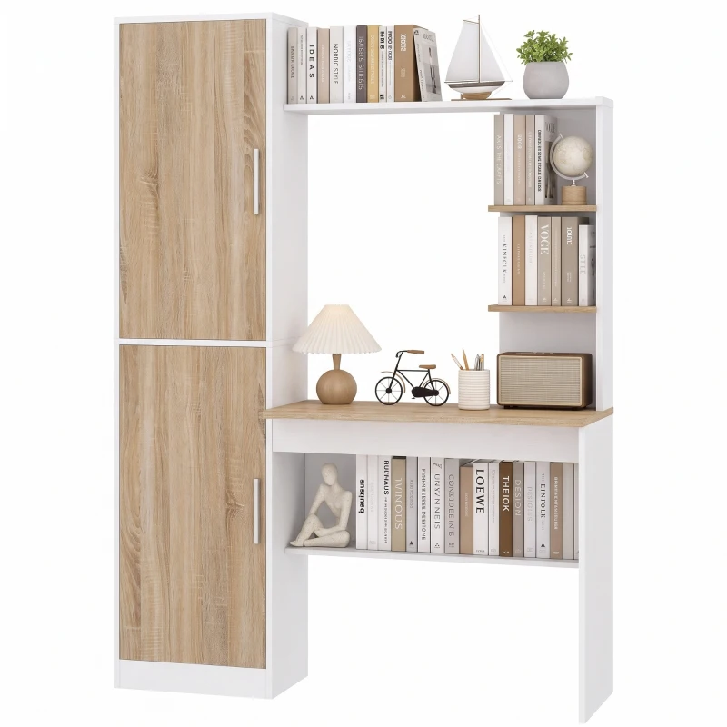 HOMCOM Birou pentru calculator cu 2 dulapuri și rafturi deschise, stil nordic, 122 x 52 x 168,4 cm, Alb și natural