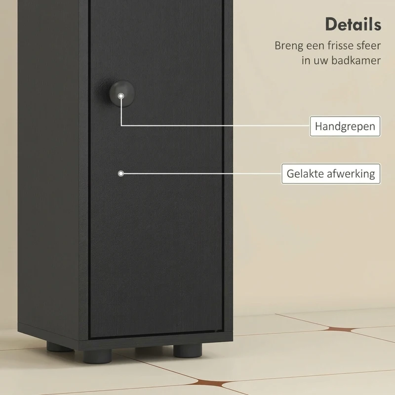 kleankin 180 cm smalle badkamerkast, toiletrolhouder met open vakken en 2 deuren, zwart