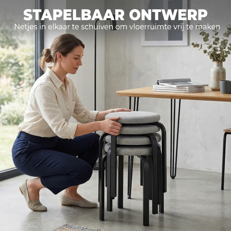 HOMCOM Set van 4 stapelkrukken, moderne gestoffeerde ronde krukken zonder rugleuning voor keuken en eetkamer, grijs