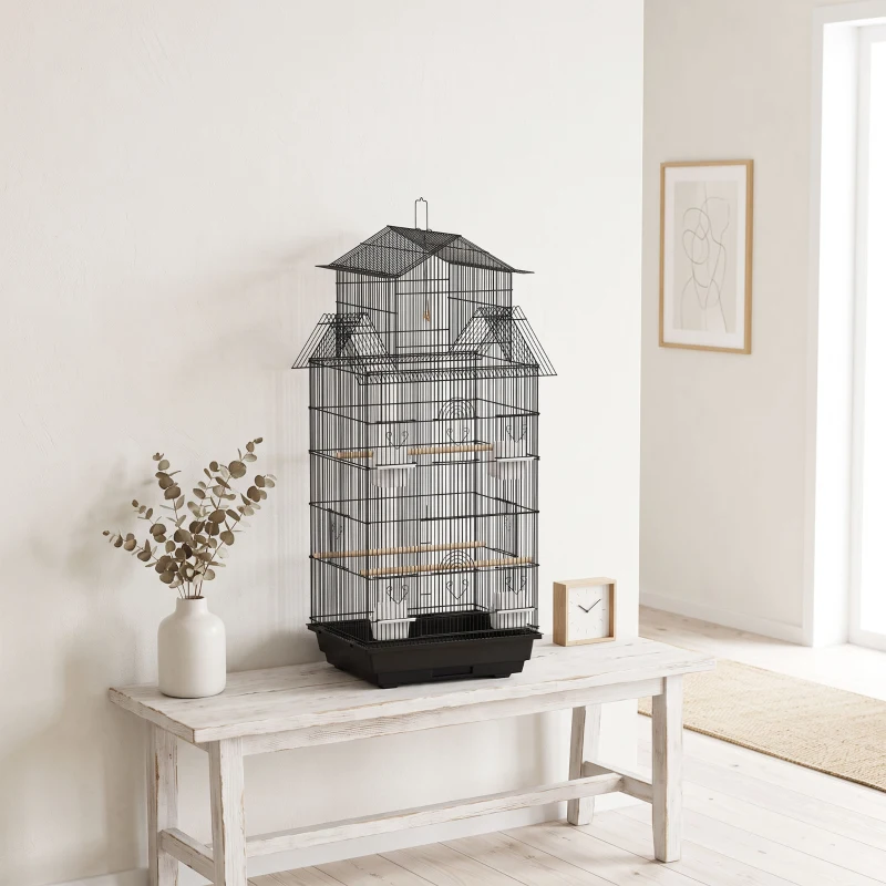 PawHut Gabbia per Uccelli con Maniglia di Trasporto e Vassoio Estraibile, in Metallo e Plastica, 50.5x41x104 cm, Nero