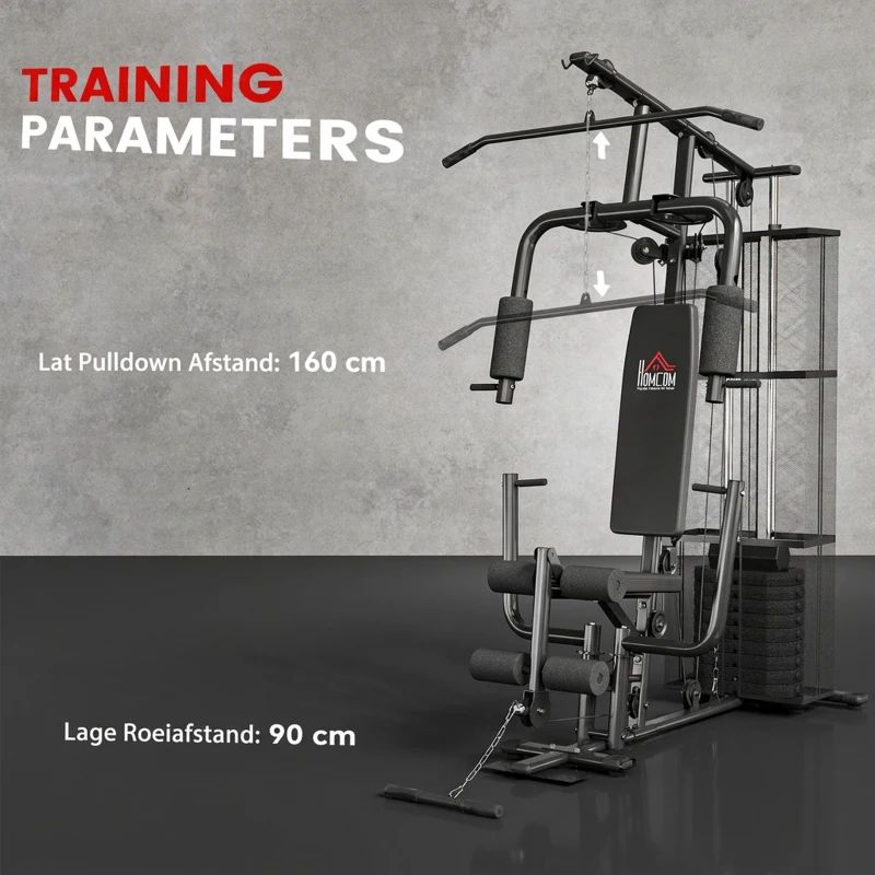 HOMCOM Gym Krachtstation Fitnessstation Multigym Fitnesscentrum Fitnessapparatuur incl. gewichten Latzug Beincurl Metaal PU-kunstleer zwart 150 x 110 x 210 cm(m-7)