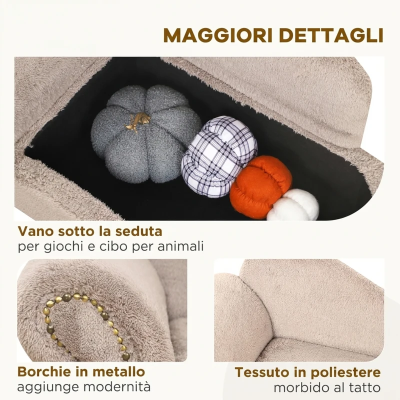 PawHut Divano per Cani Rialzato con Spazio Portaoggetti a Scomparsa, in Legno e Tessuto Vellutato, 80x40x46 cm, Beige