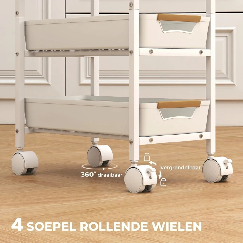 HOMCOM 5-laagse Keukentrolley, Houten Uiterlijk, Rolbaar, Metalen Frame, 4 Lades, Wit