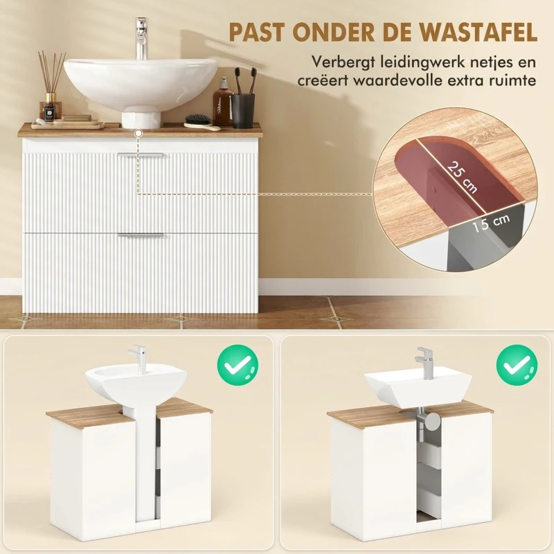 HOMCOM Onderkast voor de badkamer, 80 cm kast met twee grote lades voor wastafels met of zonder zuil, Wit