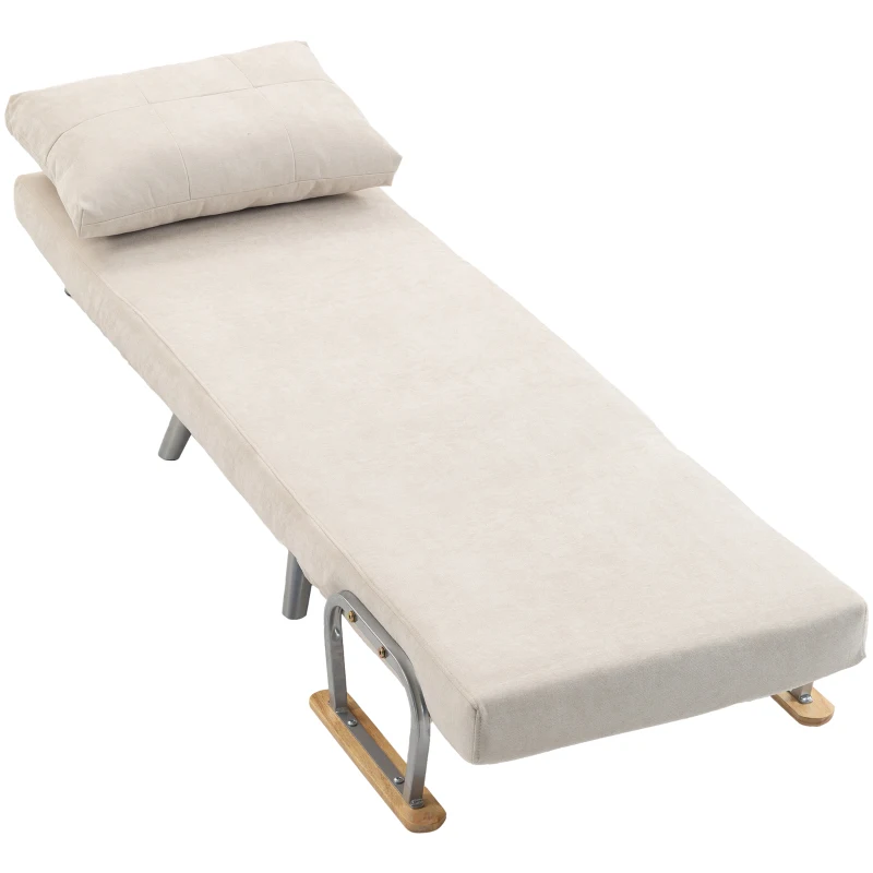 HOMCOM Poltrona-Cama em Veludo com Encosto Ajustável, Almofada e Braços em Madeira para Sala ou Quarto, Creme