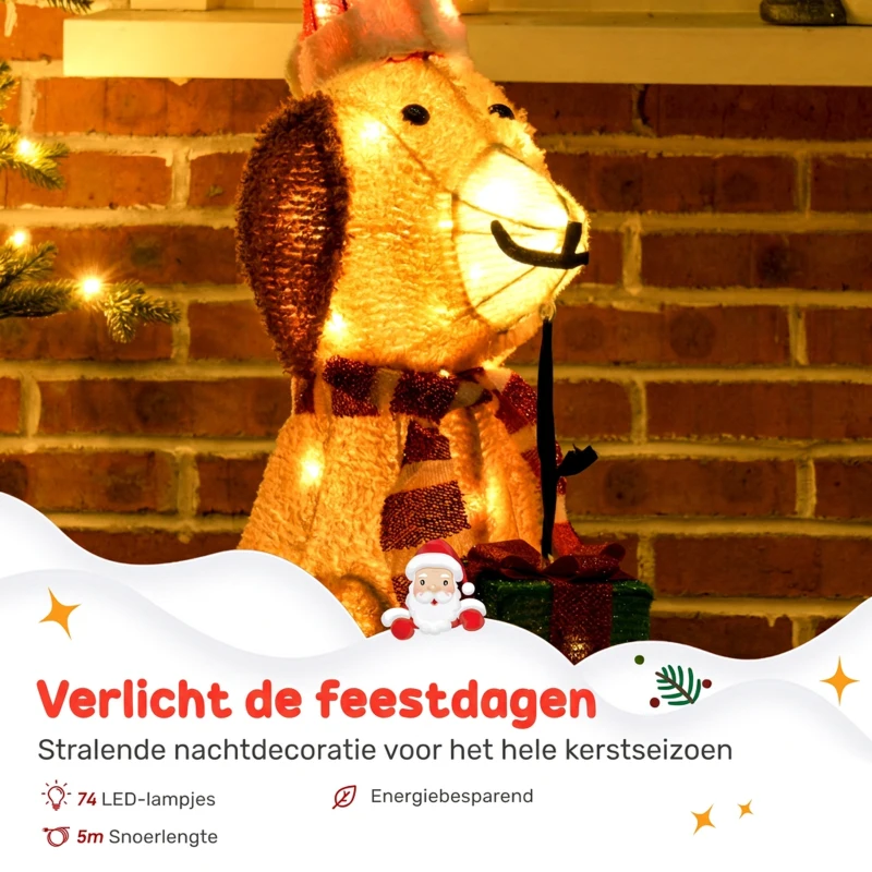Outsunny Kerstdecoratie, verlichte kerstpuppy met 74 warmwitte LED-lampjes, 64 x 20 x 70 cm, Geel
