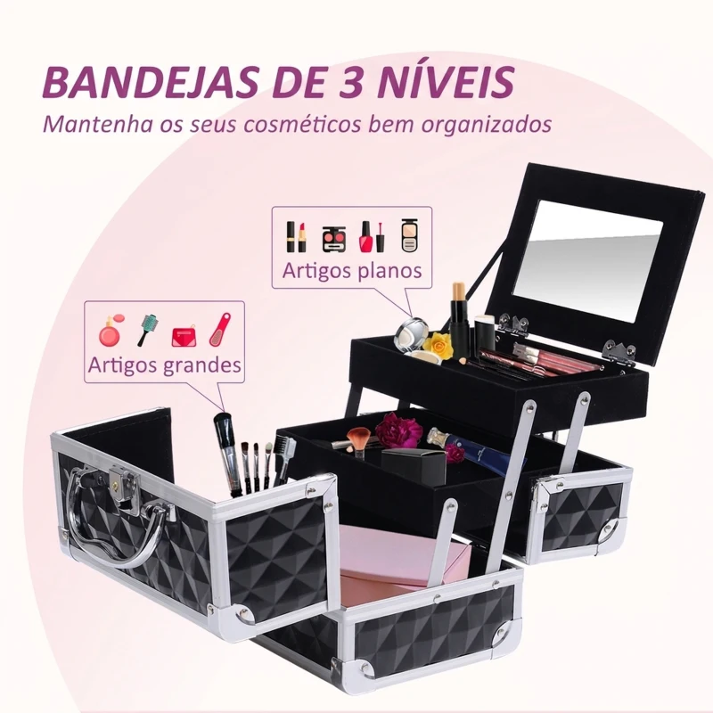 HOMCOM Estojo de Maquilhagem Organizador Cosméticos Profissional Portátil com Fecho e Vários Compartimentos 20x15x15 cm, Preto