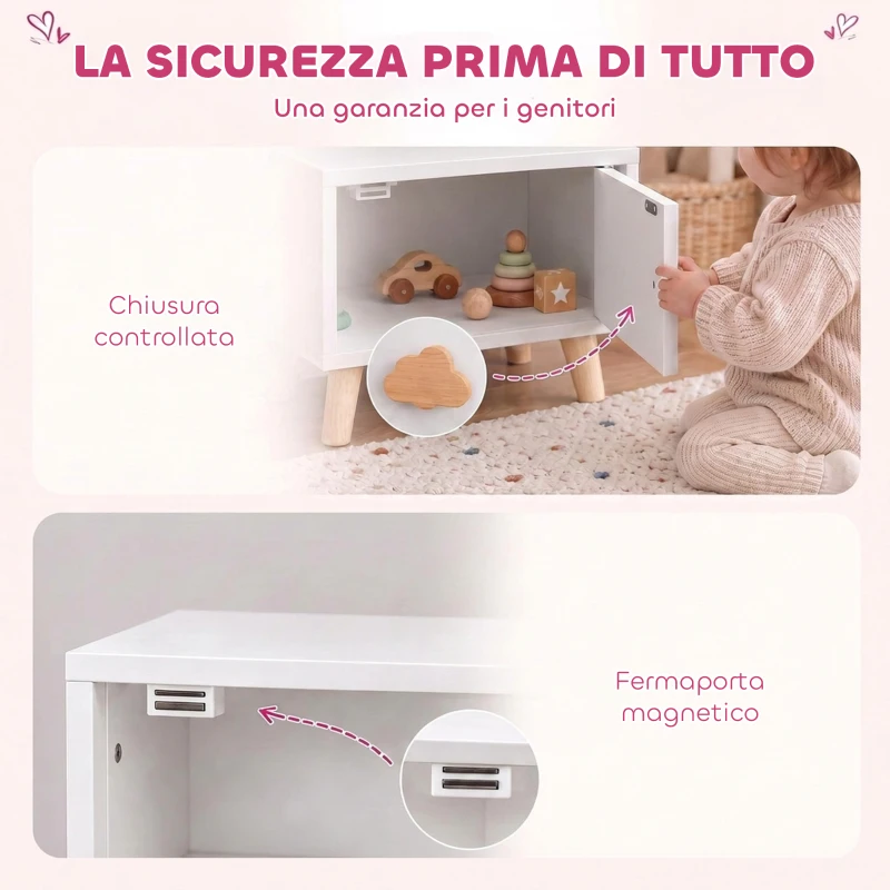 AIYAPLAY Comodino per Bambini 3-8 Anni con Vano Contenitore, Gambe in Pino, Maniglia a Nuvola, 34x31x25 cm, Bianco