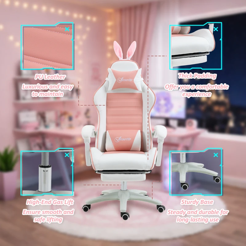 Vinsetto Gamingstoel Ergonomische Gamerstoel met lendensteun, voetsteun, konijnenoren, hoofdkussen Roze(m-8)